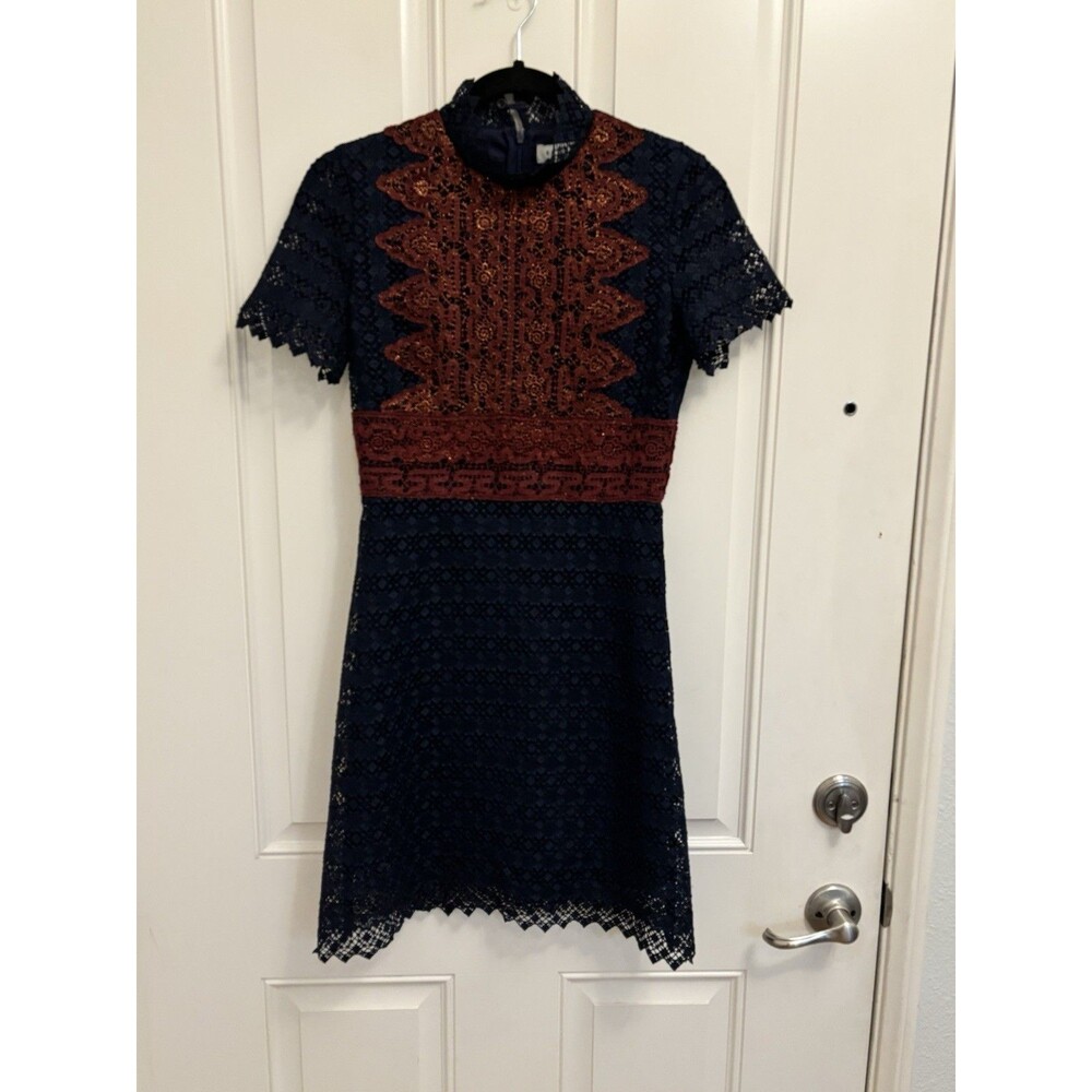 Sandro Paris lace crochet contrasting color block Dress  rust red blue small